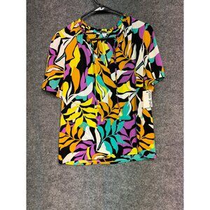 Nine West Top Women’s M Multicolor Abstract Leaf Print Short Sleeve Tie Neck Top